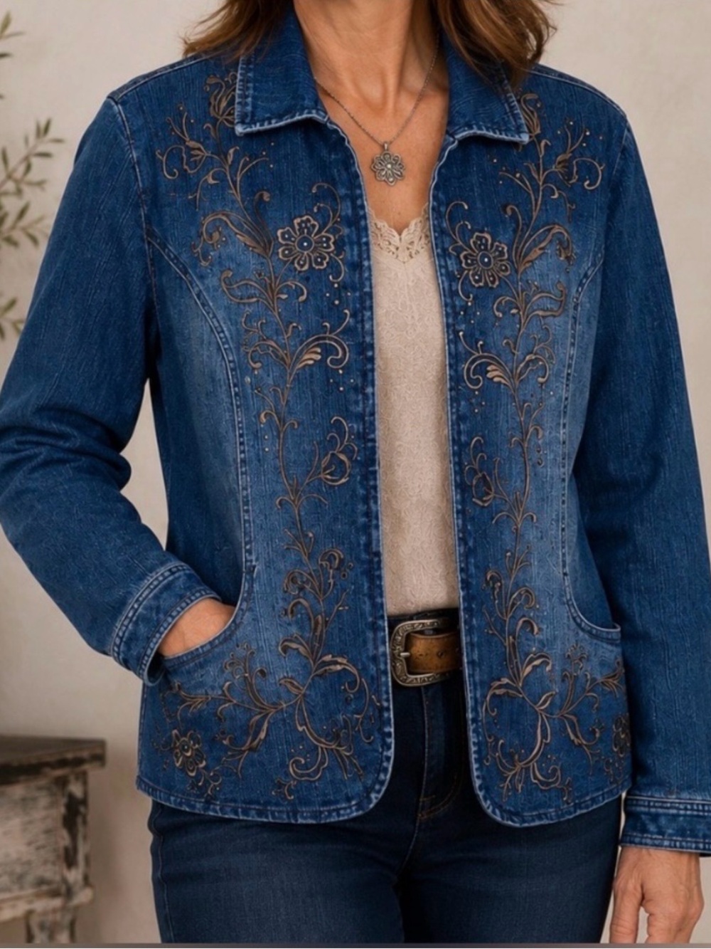 Coldwater Creek Embroidered Denim Jacket, L